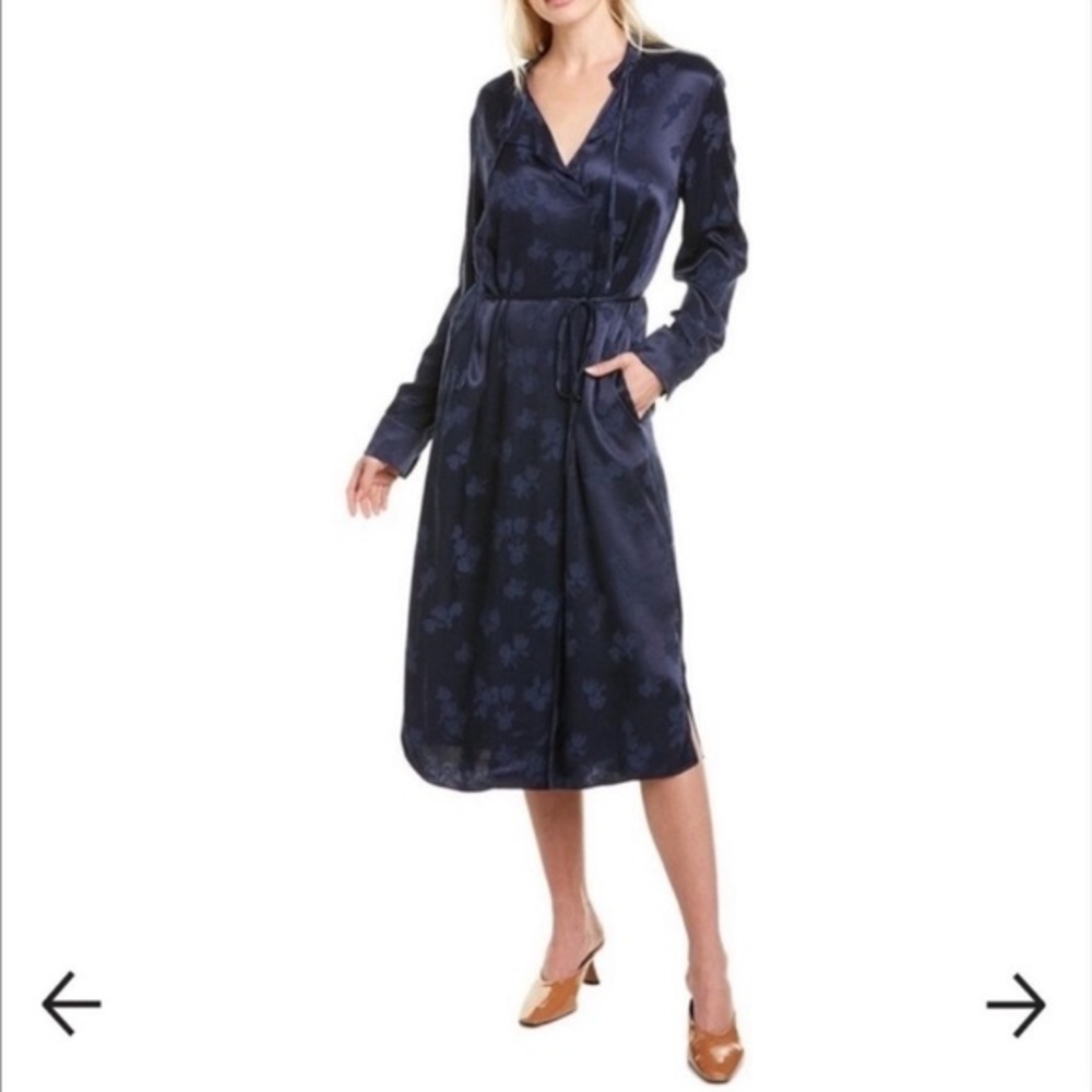 Vince. Womens Navy Blue Midi Dress Tulip Jacquard Long Sleeve Floral Satin‎ SzXS